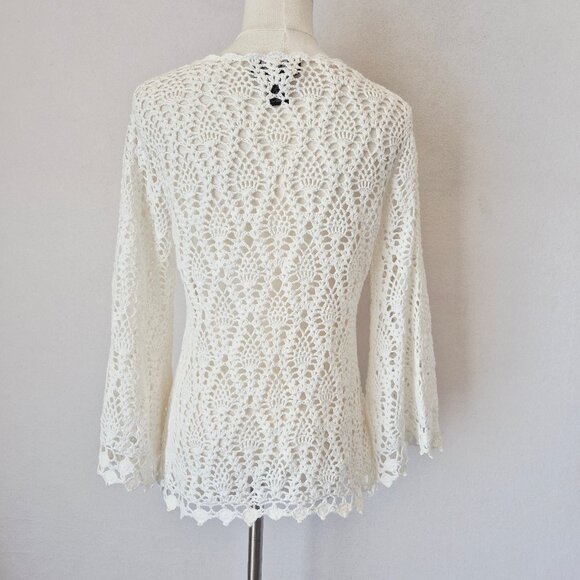 EXPRESS Handknit Crochet Ramie Cotton Boho Cardigan Cover-Up Long Sleeve White - Picture 6 of 11